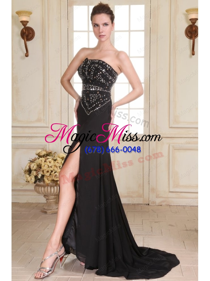 wholesale black strapless beading and high silt empire sweep train prom dress