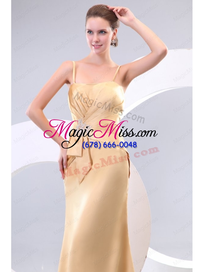 wholesale column champagne spaghetti straps ruching appliques satin long prom dress