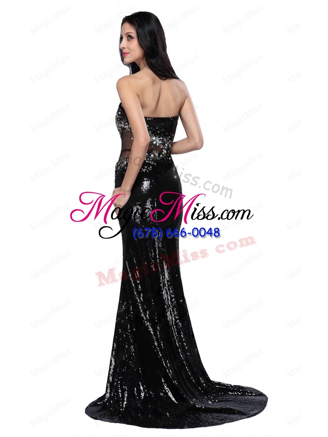 wholesale mermaid black strapless sequins brush train prom dress