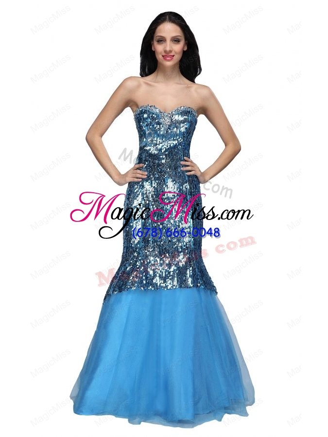 wholesale mermaid blue sweetheart sequins beading organza long prom dress