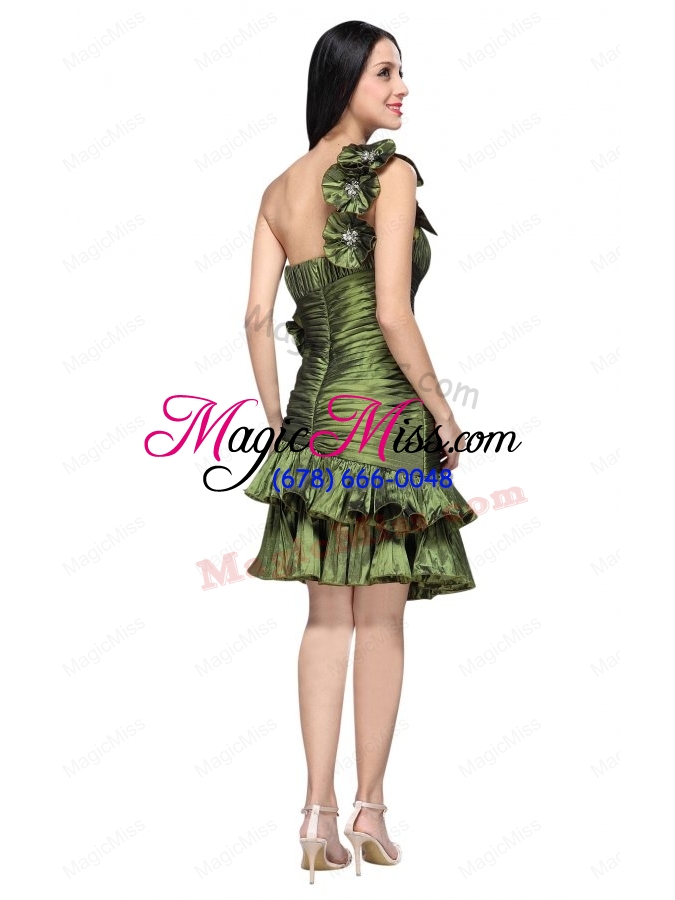 wholesale column olive green one shoulder hand made flower ruching prom dress