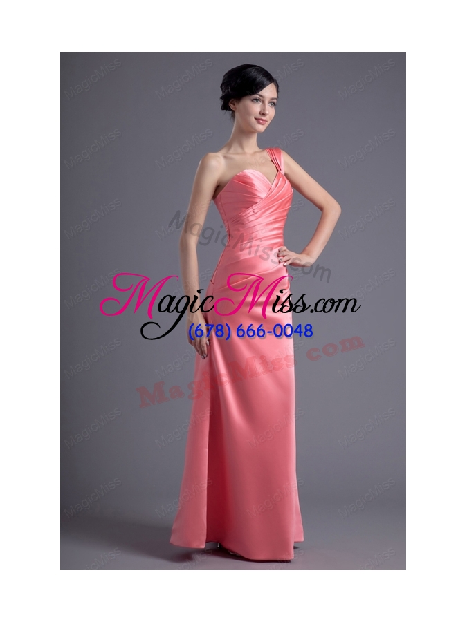 wholesale column one shoulder ruching satin watermelon red prom dress