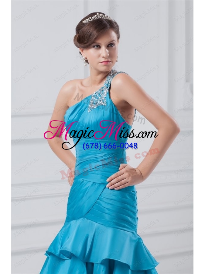 wholesale affordable one shoulder taffeta beading and ruching blue prom dress