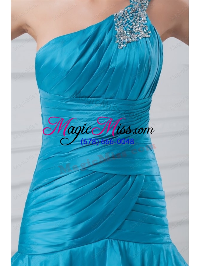 wholesale affordable one shoulder taffeta beading and ruching blue prom dress