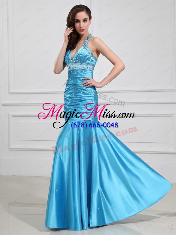 wholesale wonderful column halter top beading and ruching prom dresses for 2014
