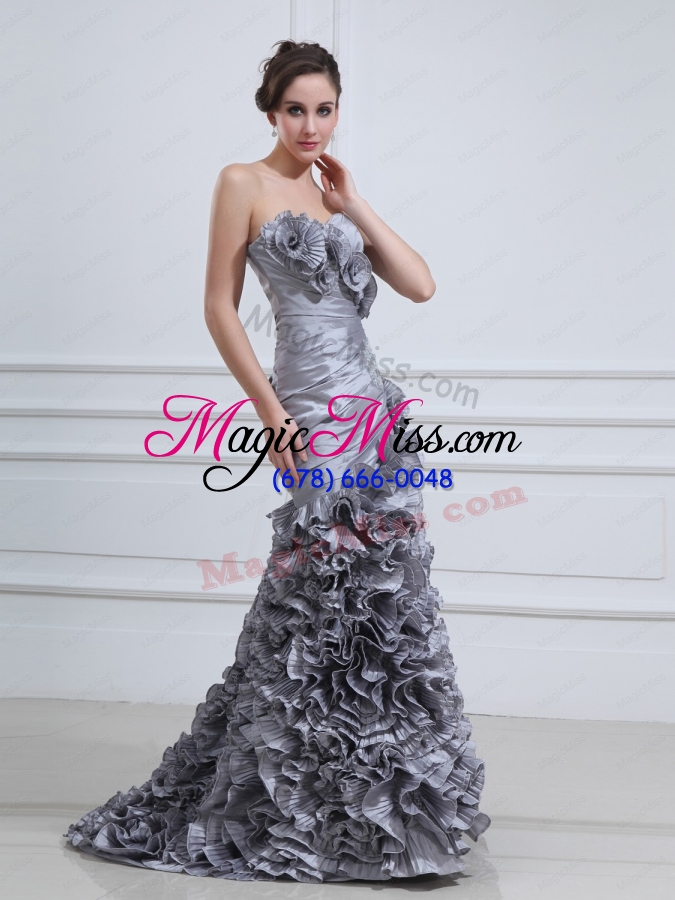 wholesale 2014 unique sweetheart mermaid prom dress with hand made flower and ruffles
