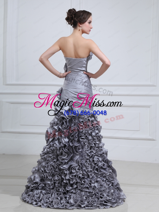 wholesale 2014 unique sweetheart mermaid prom dress with hand made flower and ruffles