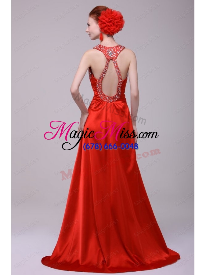 wholesale informal column straps brush train elastic woven satin red prom dress with open back