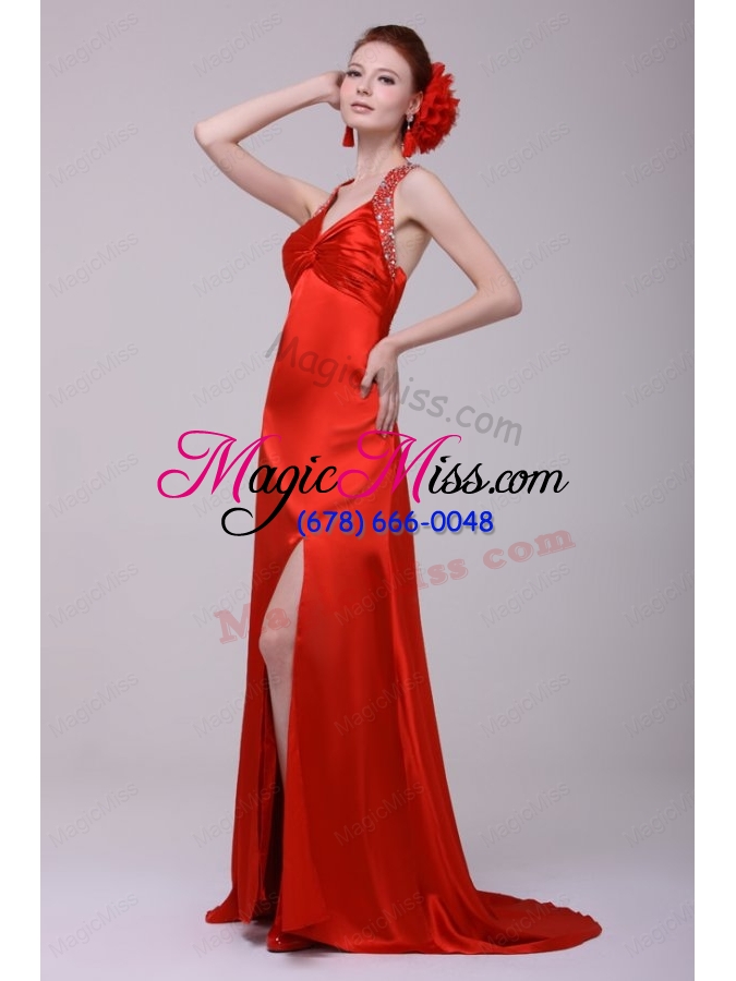 wholesale informal column straps brush train elastic woven satin red prom dress with open back