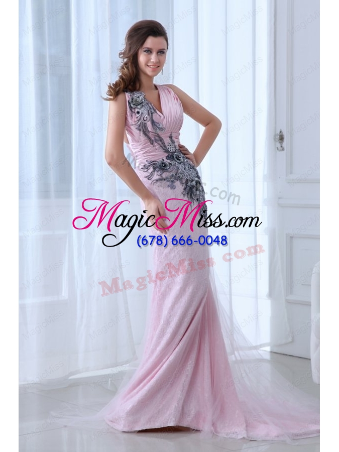 wholesale beautiful pink column v neck tulle and taffeta prom dress with appliques