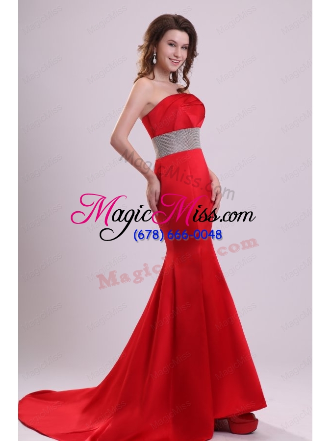 wholesale 2014 sexy strapless mermaid beading brush train prom dress in red