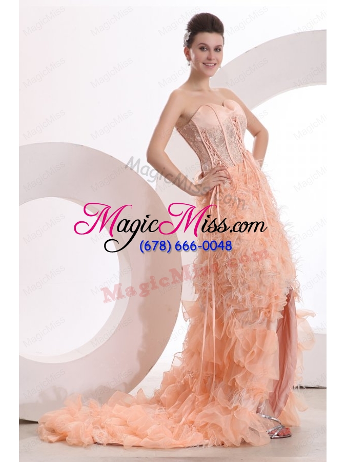 wholesale a line sweetheart watermelon high low ruffles prom dress with lace up