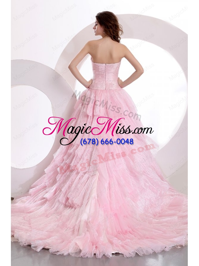 wholesale exquisite a line sweetheart court train ruching pink prom dress