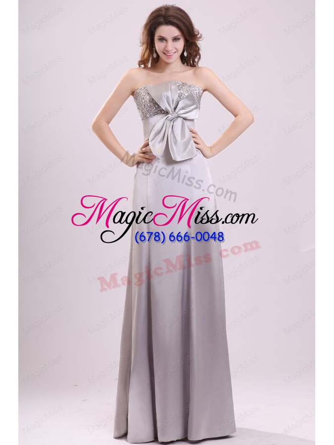 wholesale column strapless beading and bowknot grey taffeta prom dress with floor length