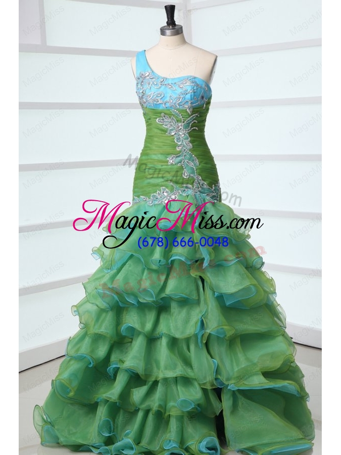 wholesale cute one shoulder beading and ruffled layers green prom dress with high low