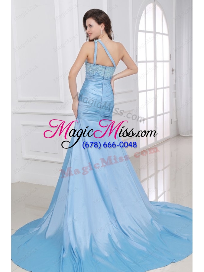 wholesale blue a line sweetheart taffeta prom dresses with appliques brush train