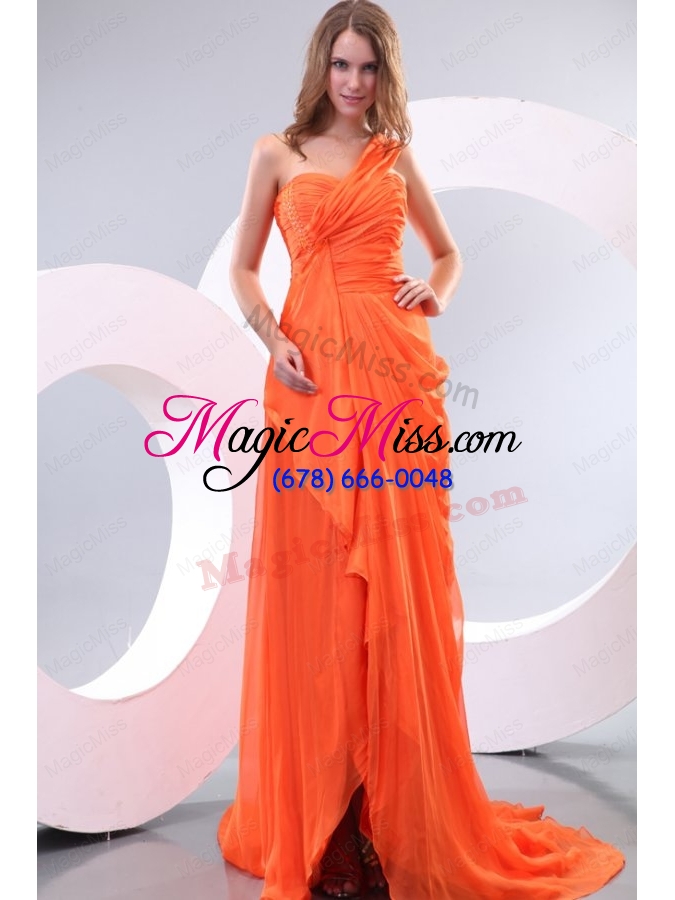 wholesale orange red one shoulder beading and ruche prom dress with court train