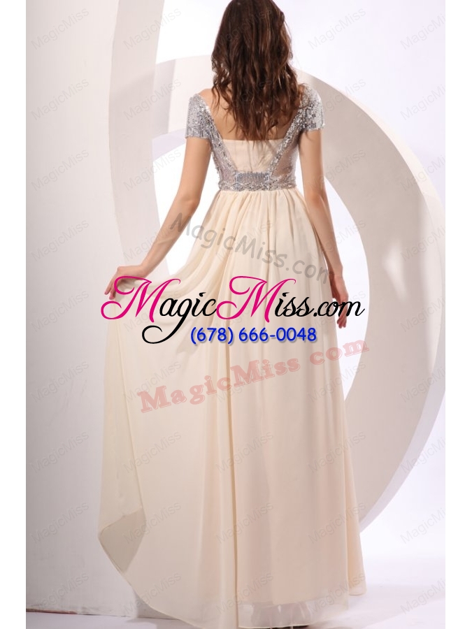 wholesale empire chiffon scoop champagne long prom dress with short sleeves