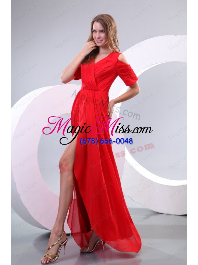 wholesale red column v neck floor length short sleeves prom dress with silt