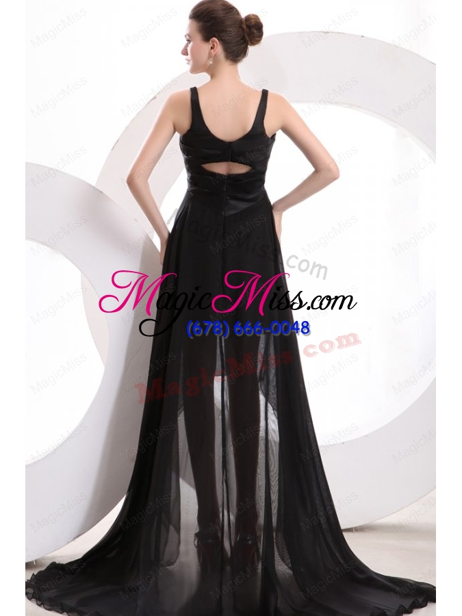 wholesale black v neck high low ruching decorate prom dress with sweep train
