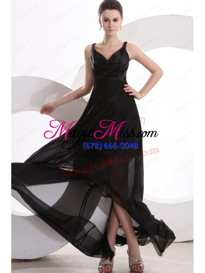 wholesale black v neck high low ruching decorate prom dress with sweep train