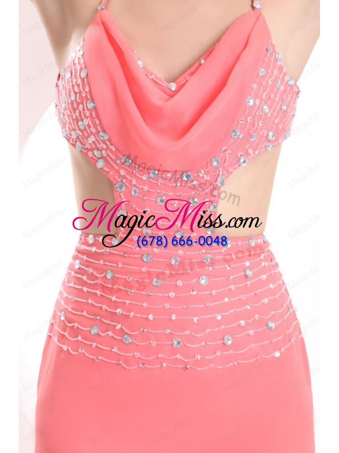 wholesale watermelon halter top neck high low beading chiffon prom dress