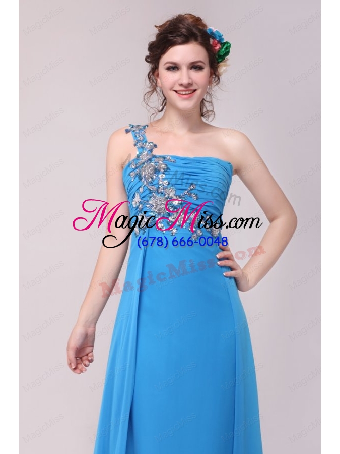 wholesale one shoulder empire full length teal prom dress with appliques