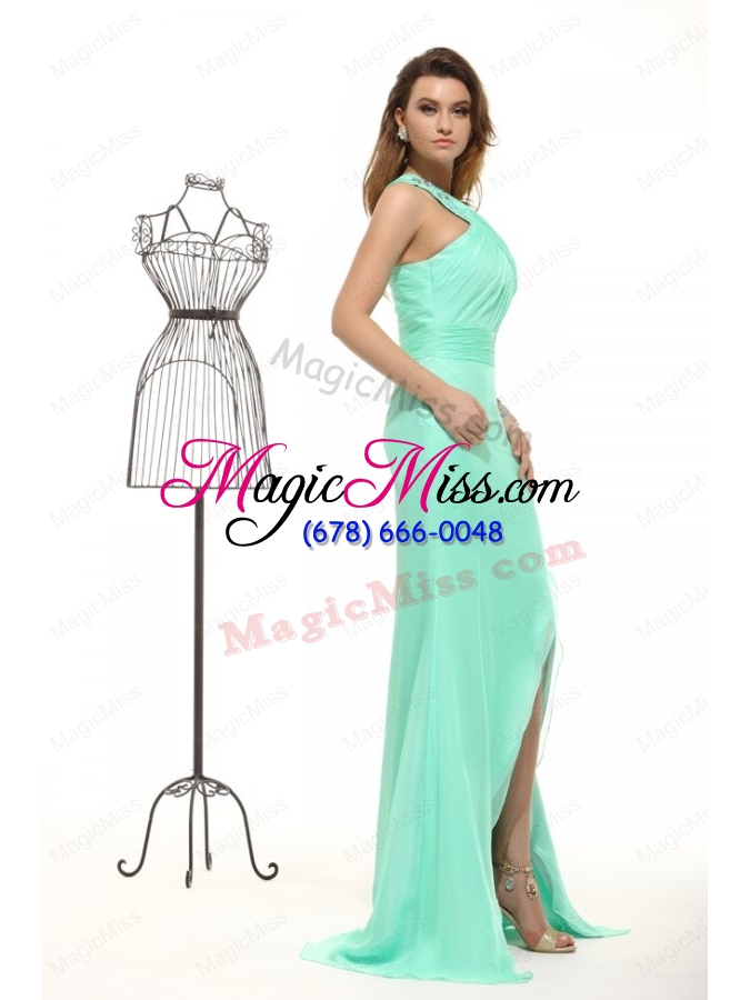 wholesale column apple green high slit one shoulder chiffon beading prom dress