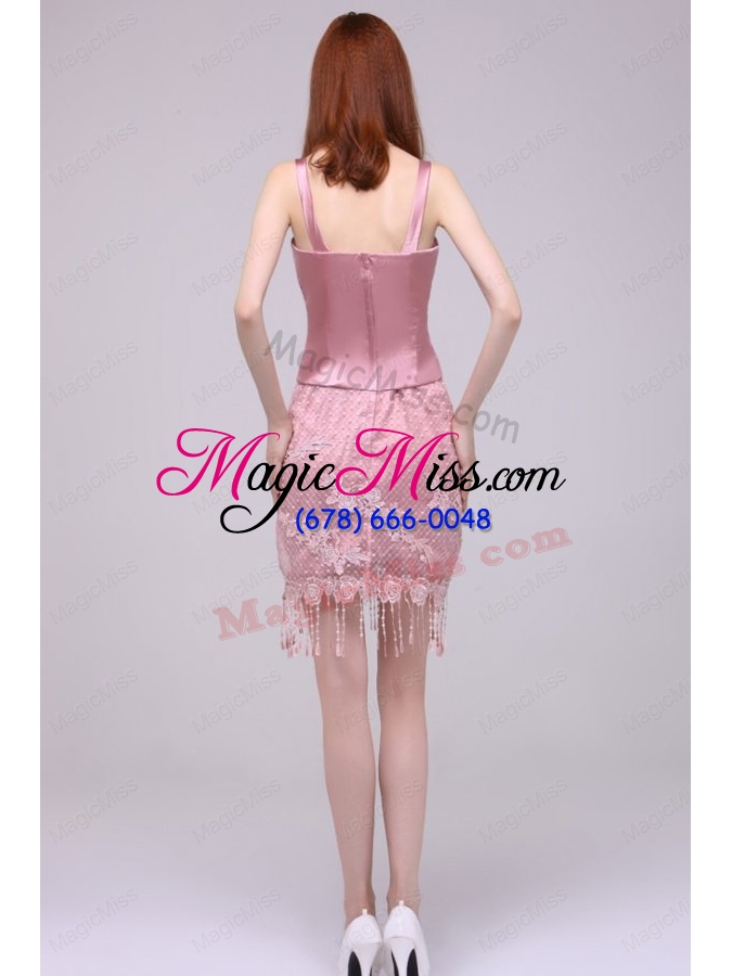wholesale column rose pink sapghetti straps lace satin prom dress