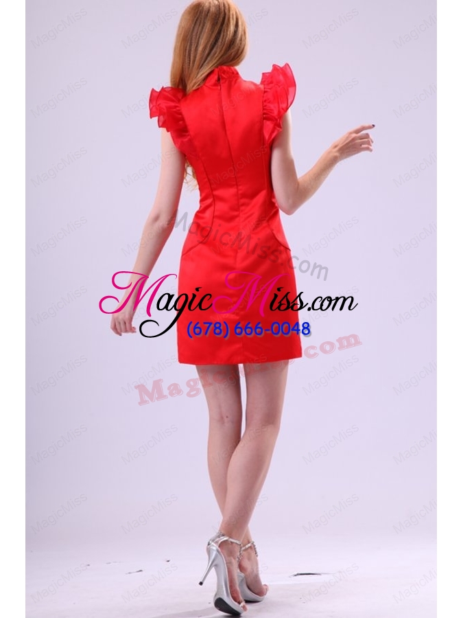 wholesale column wine red high neck ruching mini length  prom dress