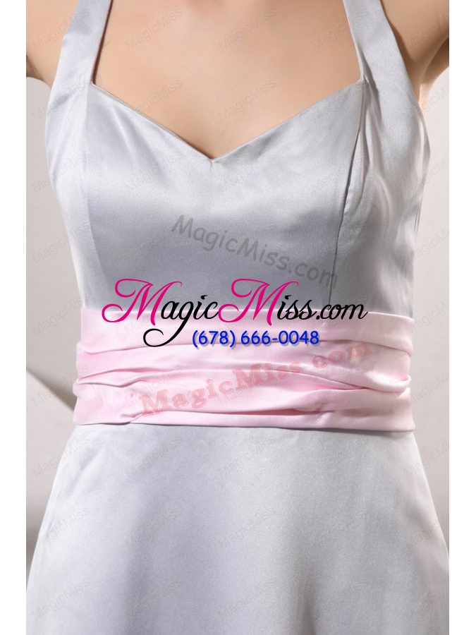 wholesale silver empire halter top prom dress with baby pink belt