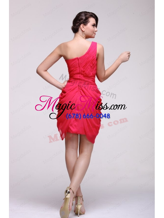 wholesale coral red one shoulder prom dress with ruching mini length