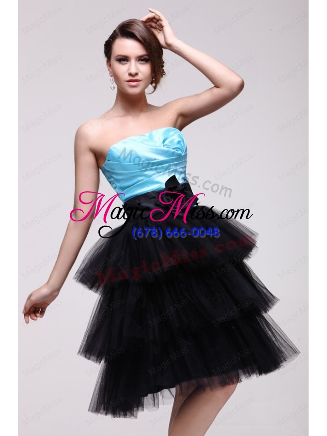 wholesale aqua blue and black short prom dress with flowers and layers