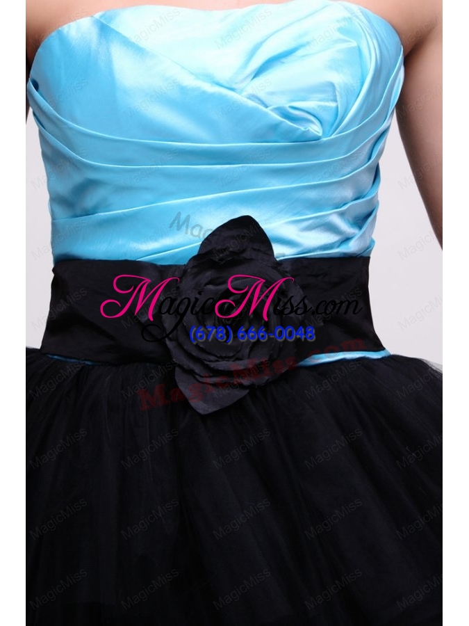 wholesale aqua blue and black short prom dress with flowers and layers