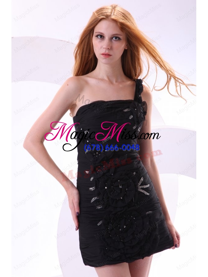 wholesale column one shoulder hand made flowers mini-length black prom dress
