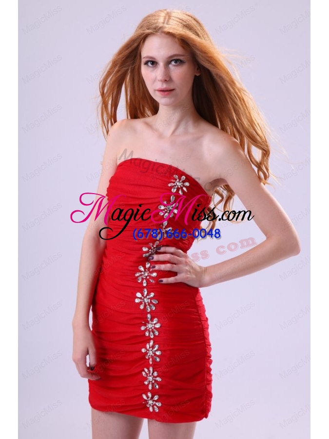 wholesale red column strapless mini length beading taffeta prom dress with beading