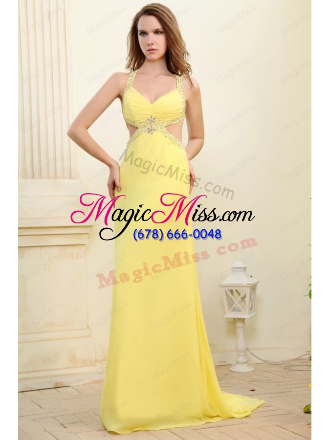wholesale column straps light yellow beading and ruching  prom dress