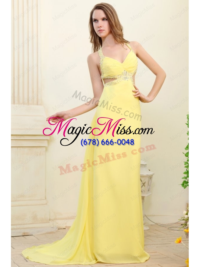 wholesale column straps light yellow beading and ruching  prom dress