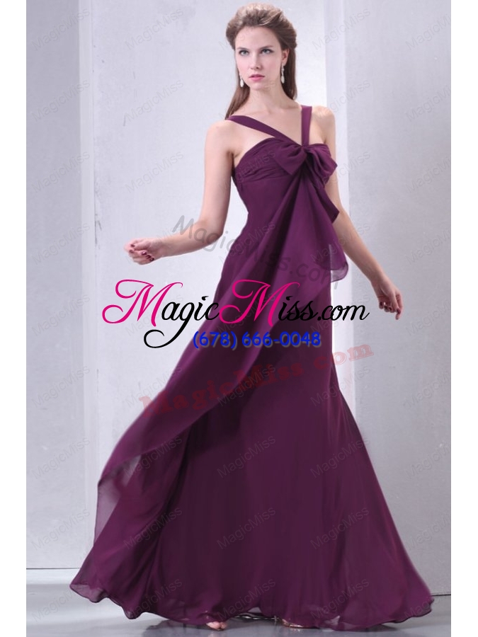 wholesale purple empire v neck straps prom dress with bowknot
