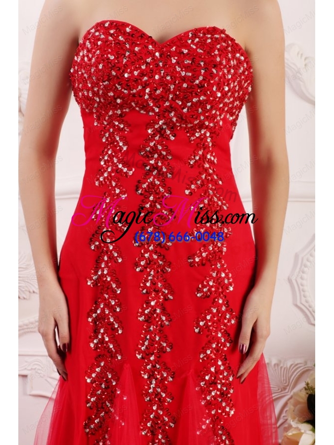 wholesale red column sweetheart brush train prom dress with beading