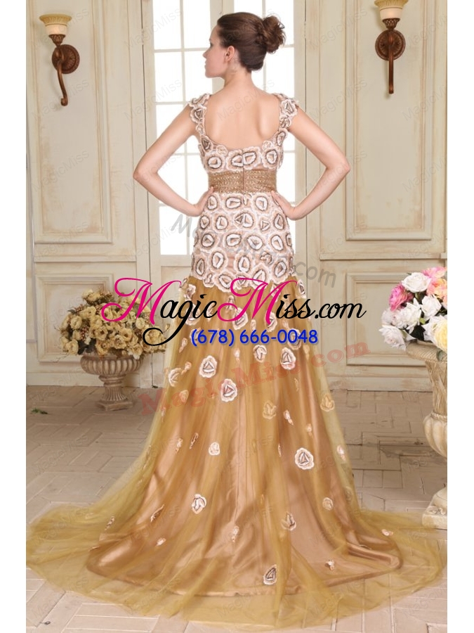 wholesale champagne empire straps appliques prom dress with brush train