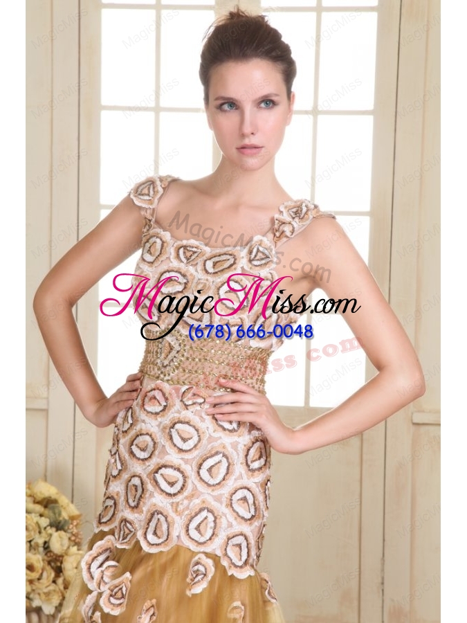 wholesale champagne empire straps appliques prom dress with brush train