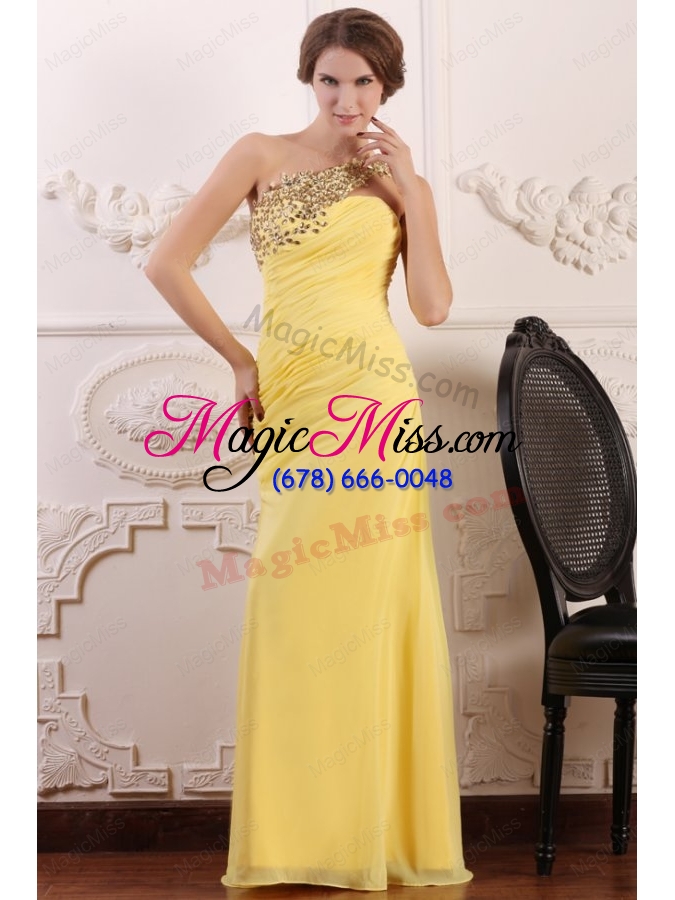 wholesale beaded decorate one shoulder yellow chiffon column prom dress