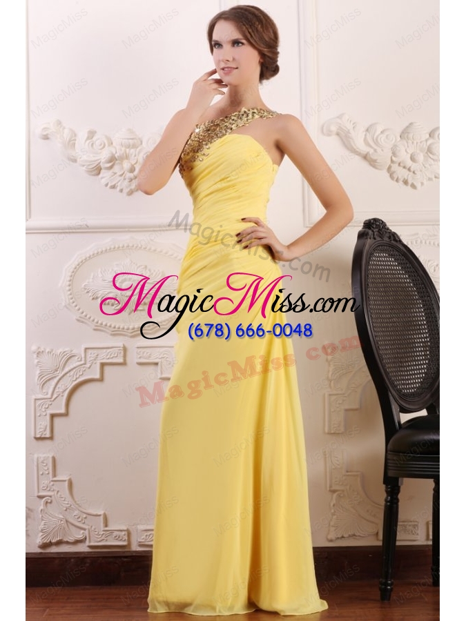wholesale beaded decorate one shoulder yellow chiffon column prom dress
