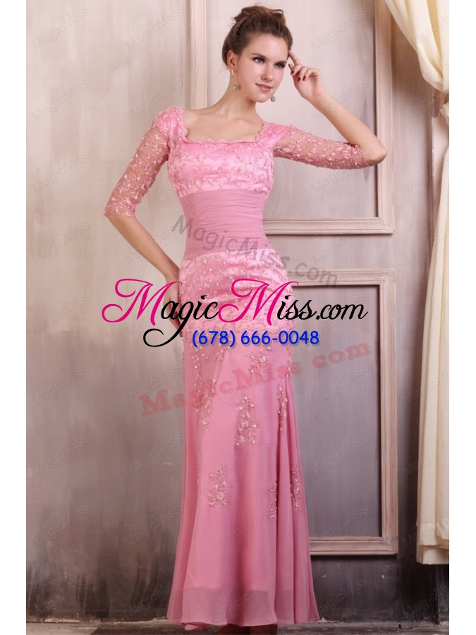 wholesale rose pink square appliques column chiffon half sleeves prom dress