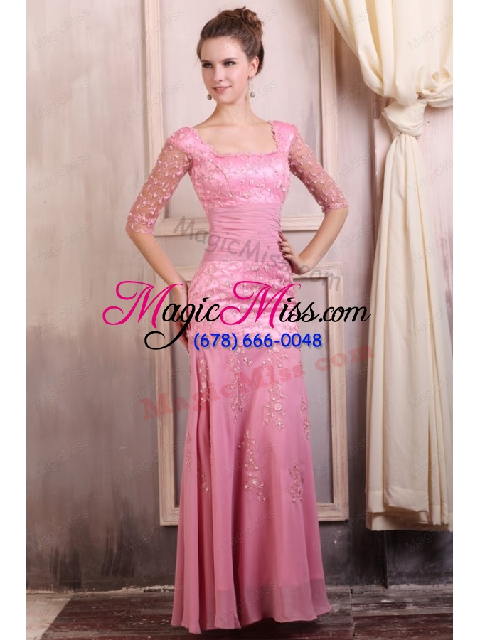 wholesale rose pink square appliques column chiffon half sleeves prom dress
