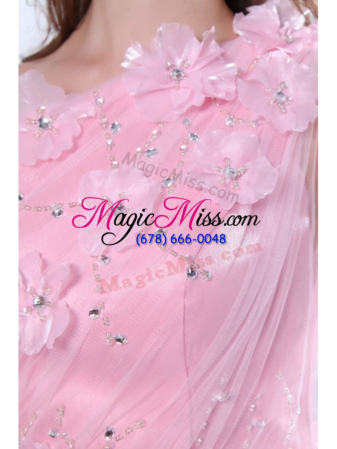 wholesale one shoulder column flower and beading prom dress in baby pink