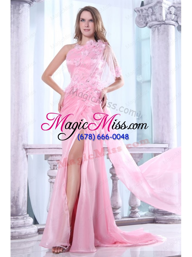 wholesale one shoulder column flower and beading prom dress in baby pink