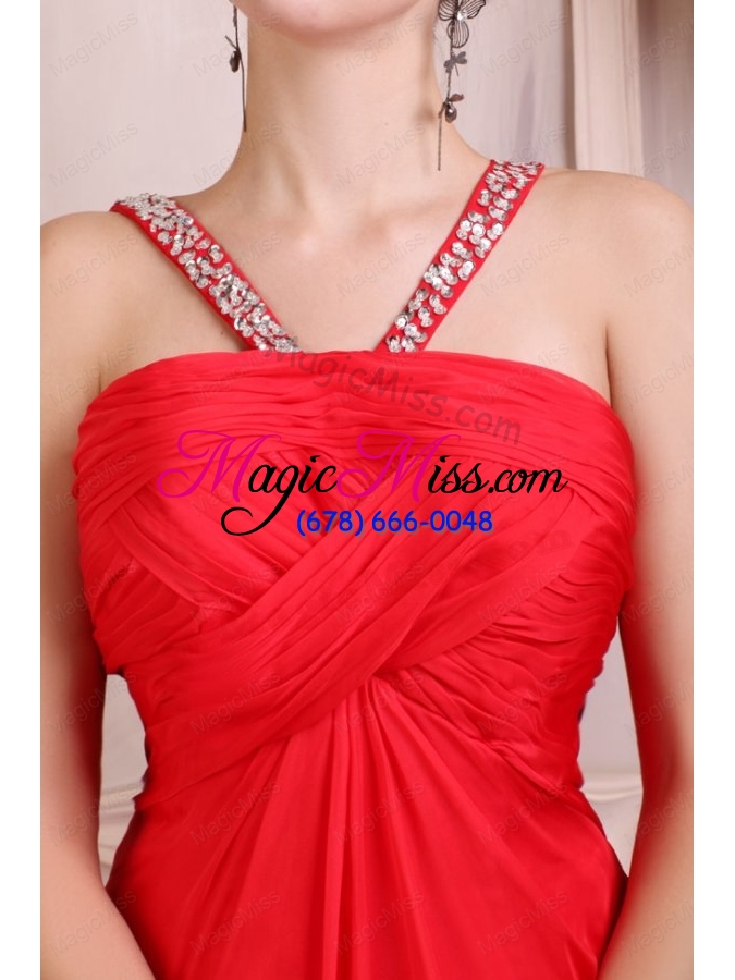 wholesale beaded decorate straps chiffon long red prom dress with ruching