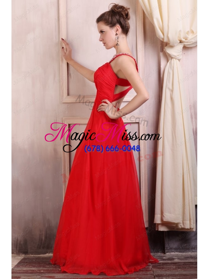 wholesale beaded decorate straps chiffon long red prom dress with ruching
